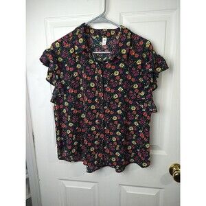 BP Black Floral Ruffle Semi Sheer Cap Sleeve Collar Button Top. Size M